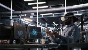 Data center employee wearing VR headset using artificial intelligence neural networks technology. Server farm programmer using AI programming language and virtual reality to update hardware, camera A - Powered by Shutterstock - Get 15% off with code: PIKWIZARD15