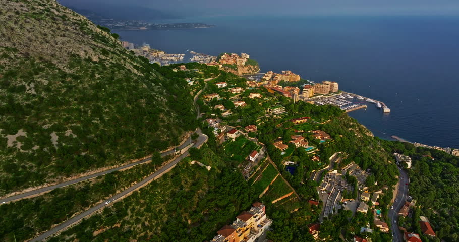 Aerial view of the city center of Monaco. Birds eye aerial view of traffic in Monte Carlo, Monaco. Aerial view of the city of Monaco