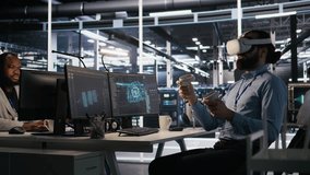 Data center technician using VR headset to monitor neural network AI LLM visualization. Server room worker using virtual reality tech to oversee rigs powering machine learning processes, camera A - Powered by Shutterstock - Get 15% off with code: PIKWIZARD15