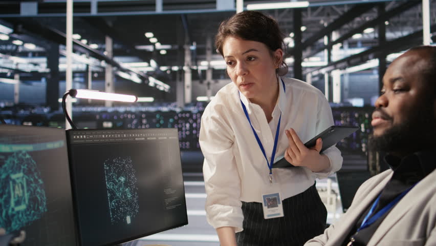 Lead data center admin overseeing IT expert integrating AI in equipment rigs. African american employee under server farm team leader supervision using deep learning for operational tasks, camera A - Powered by Shutterstock - Get 15% off with code: PIKWIZARD15