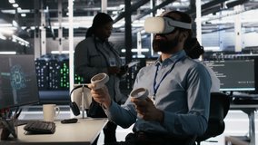Admin using VR headset in data center to update server tech, configuring equipment using software tools. Server farm employee reviewing hardware analytics using virtual reality, camera A - Powered by Shutterstock - Get 15% off with code: PIKWIZARD15