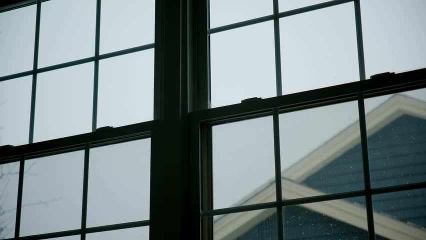 View looking out through the double-pane window from inside a house. The window features a grid design and is partially framed by curtains.