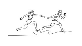 Self drawing animation of single line draw sprinters male and female pass baton in thrilling relay race. Sprint or teamwork for cardio training or workout. Continuous line draw. Full length animated - Powered by Shutterstock - Get 15% off with code: PIKWIZARD15