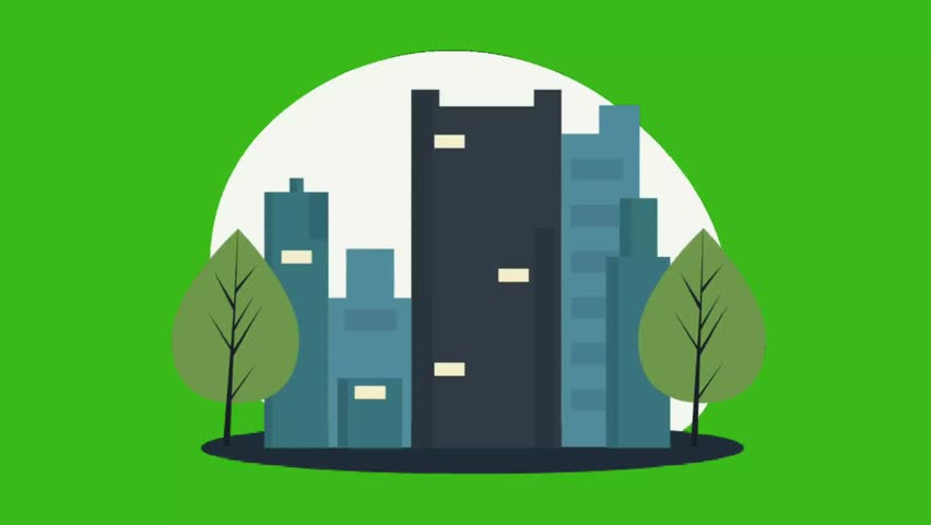 Vibrant green screen animation of a city skyline with buildings and trees, perfect for urban, environment, or modern themes