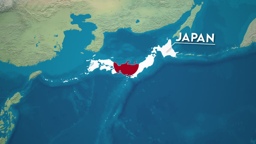 Zoom from Earth to Japan. (Country Flag) World map animation with highlighted borders of countries. East Asia Cinematic 3d world map animation highlights aerial views, tourism, and travel. 4k