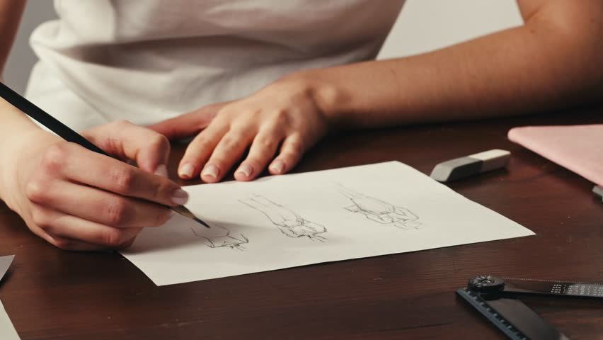 Young woman designer is drawing some clothes by pencil using ruler on white paper . The costume fashion designer making sketches for the work projects close-up. Drawing and sketching lessons