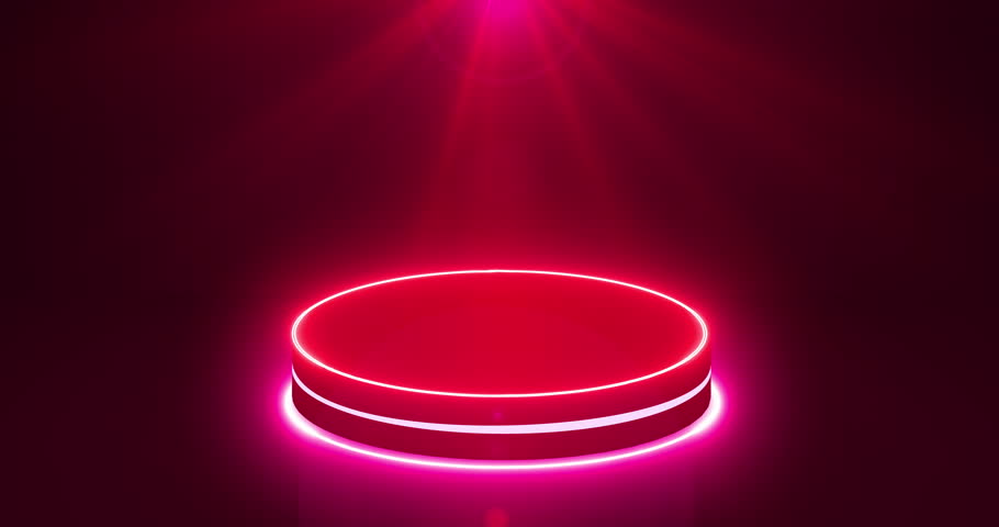 Minimalist podium with moving light in 4K.Suitable for product showcase, presentation, and promotion. Shiny Red and Pink Light Stage BG with Black Cylinder Podium.Empty display podium.