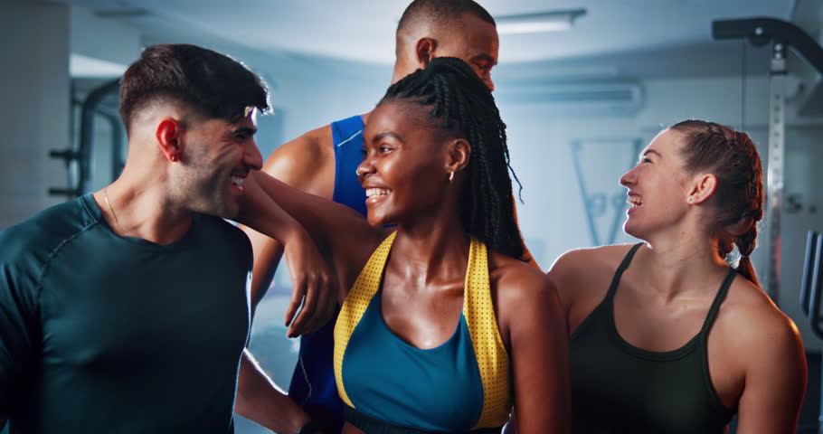 Face, hug and group in gym, confident and proud of fitness routine in morning, laughing and friends with smile. Happy, people and personal trainer in health club, embrace and sportswear for training