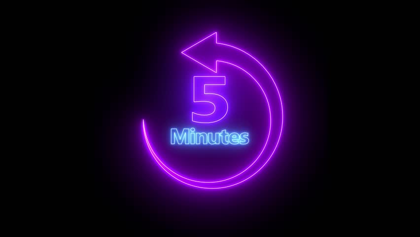 5 Minute countdown timer animation, 5-0 counting up seconds neon number