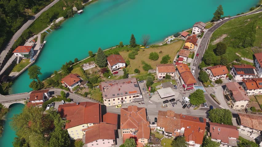 Aerial View Of Most na Soci Town And Soca River In Slovenia. tilt-up shot