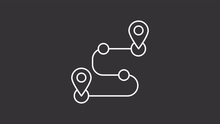 Navigation white line animation. Building effective route to chosen location animated icon. Road trip planning. Driving safety. Isolated element on dark background. Alpha transparent video