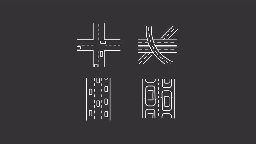 Road traffic regulation animation set. Crossroads and junctions structure in city animated white line icons. Safe driving to avoid risks. Isolated elements on dark background. Alpha channel HD video