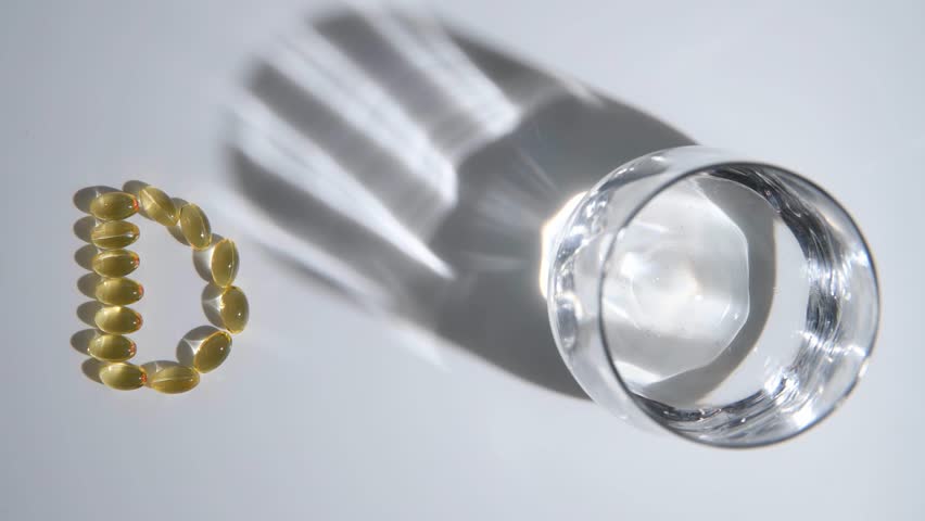 Female hand putting vitamin D capsule on white background, next to glass of water, health care