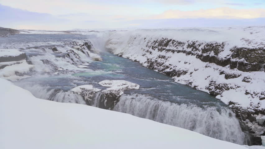 Cinemagraph of famous waterfall Gullfoss in wintertime, Iceland, high definition video
