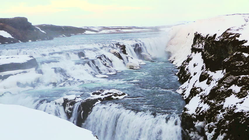 Famous waterfall Gullfoss in wintertime, Iceland, high definition video