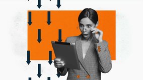 Motion trend art collage video of shocked girl hold tablet arrow down crisis - Powered by Shutterstock - Get 15% off with code: PIKWIZARD15