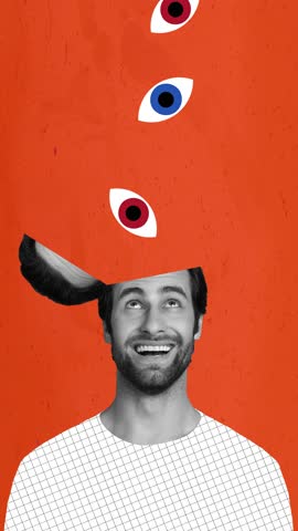 Motion trend art collage video of happy man cut head eyeball stare esoteric