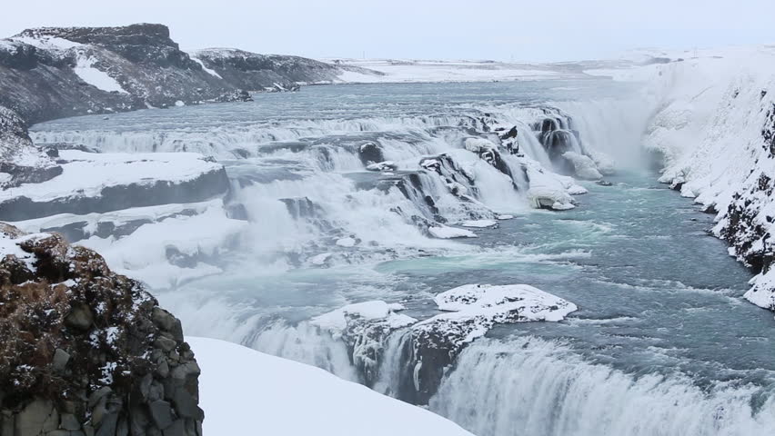 Famous waterfall Gullfoss in wintertime, Iceland, high definition video