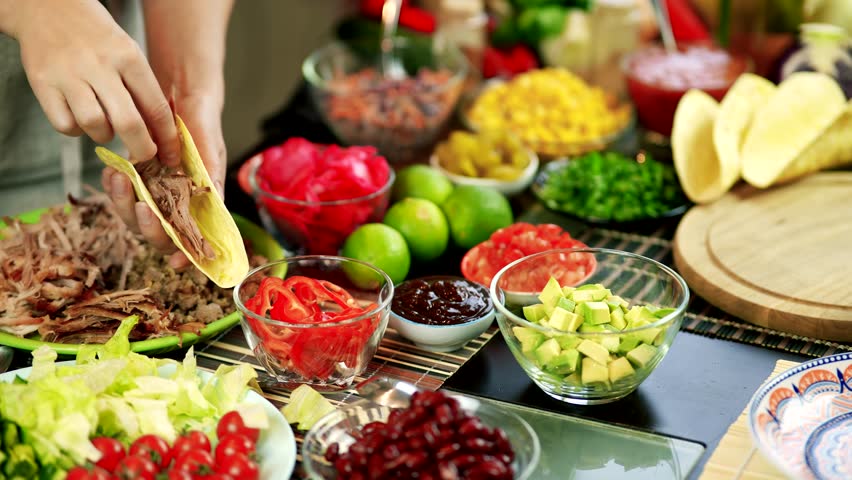 Tasty Mexican Tacos Filled Meat. Homemade American Soft Shell Beef Tacos. Mexican Food Burrito. Tortilla Fast Food. Mexican Pork Carnitas Tacos Fajitas. American Taco Salsa Corn Tortilla Carne Asada