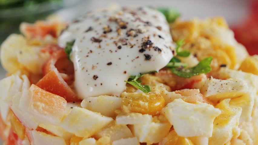 Salad of crab meat, eggs, canned corn, dressed with homemade mayonnaise and ground pepper. High quality 4k footage