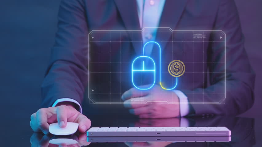 Pay per click concept, an online advertising model in which an advertiser pays a publisher every time an advertisement link is clicked on. Businessman shows pay per click icon on virtual screen.