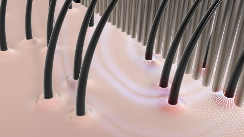 Combing the oily scalp with a comb nourishes the roots of the hair follicles, making the hair darker, smoother and thicker. Solutions for oily scalp and gray hair, 3D animation.