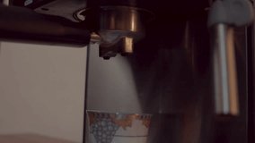 Rich espresso pours from a dual-spout portafilter into a brown ceramic cup resting on the espresso machine drip tray. The fine crema forms as the dark liquid cascades smoothly. Steam wisps rise beneat - Powered by Shutterstock - Get 15% off with code: PIKWIZARD15