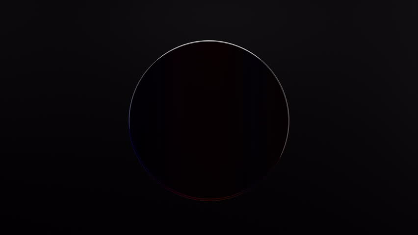 3d animated geometric background of spinning glass circle. Rainbow colors reflection glass. Abstract glass effect and circle motion movement on black background. 3d 4k seamless looped video
