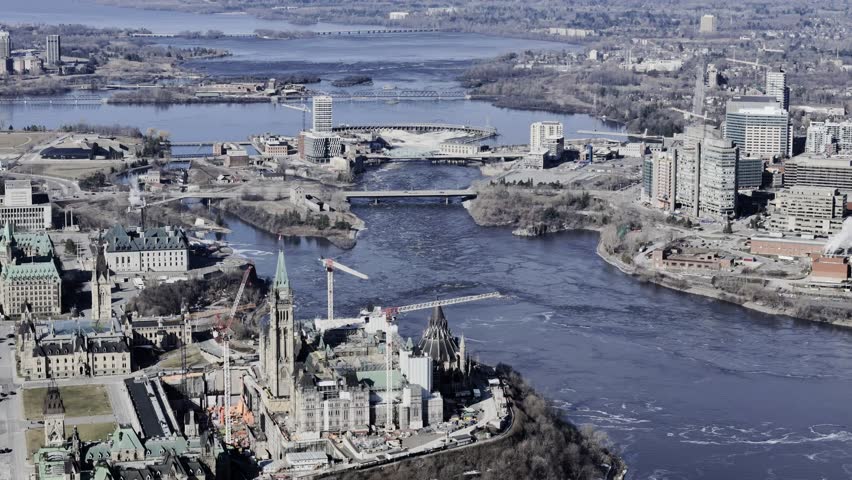 Aerial view of the capital Parliament under renovation the skyline of downtown Ottawa