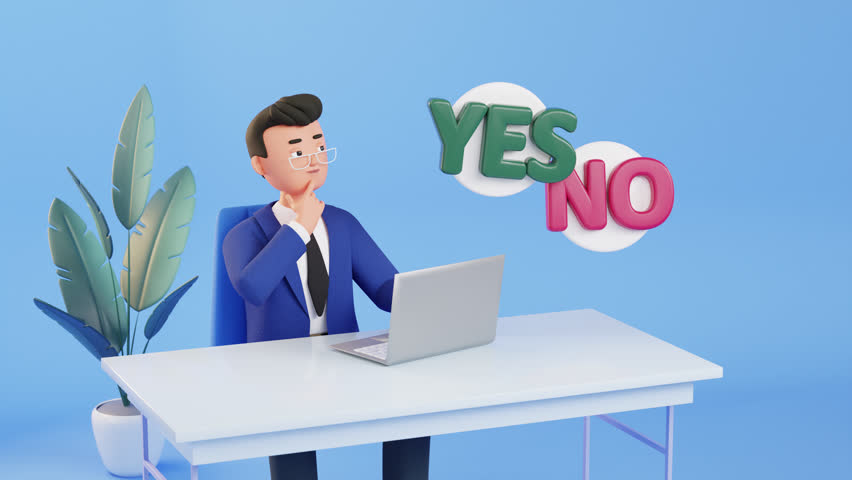 Yes or No dilemma, male Character 3d animation. Choice hesitation, doubt, Business decision. Confused, puzzled, doubtful man. Deciding, choosing an option. Positive or negative answer
