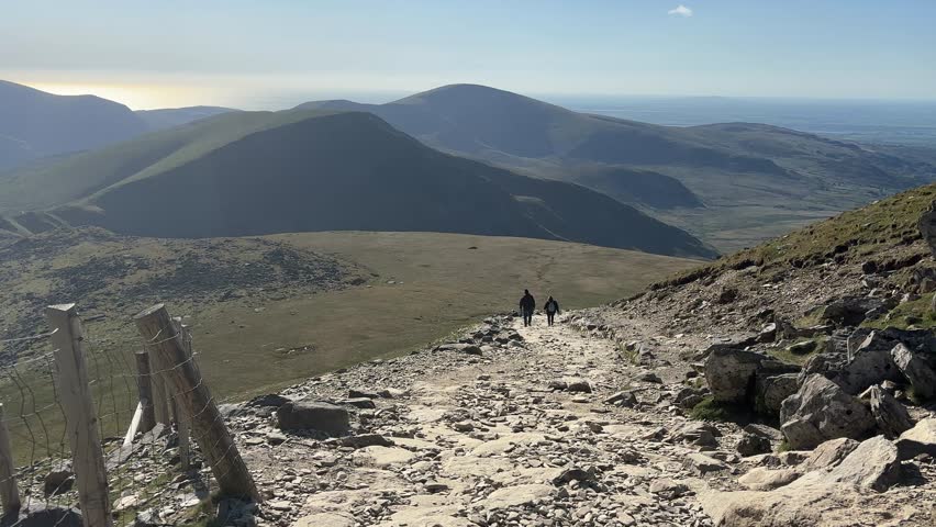 Hikers walk along rocky trail towards Mount Snowdon summit under clear blue sky in Snowdonia National Park, surrounded by open grassy terrain and rugged mountain landscape.
