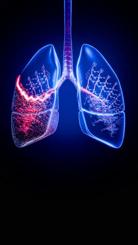 Visualization of lungs with cancer and tar deposits connected to a burning cigarette, symbolizing the fatal consequences of long-term smoking, nicotine addiction, and respiratory health decline. 3D re