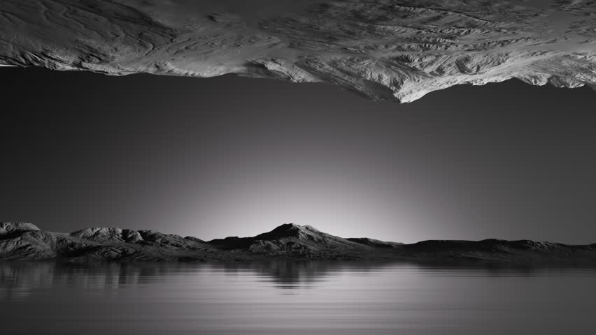 abstract animated 3d background. Unique fantastic landscape of gap between the rocky mountains reflecting in calm water. Minimalist monochrome background