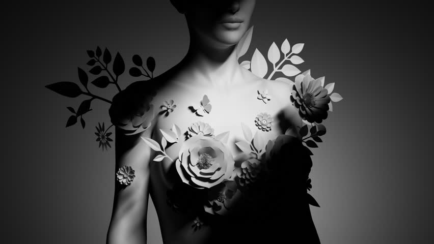 3D animation of rotating female mannequin. Woman silhouette in contrast light isolated on grey background. Fashionable wedding dress decorated with paper flowers. Smooth camera and light movement