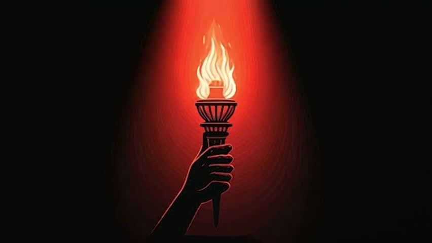 Hand holding a burning torch in the dark, glowing red light, symbol of power, resistance, freedom, revolution, or enlightenment, minimal vector art. Looping video