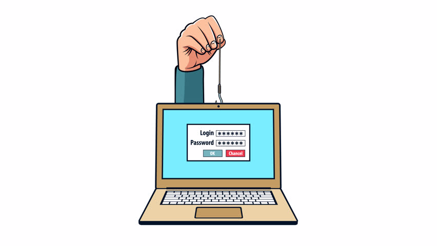 Phishing Attack Animation - Hacker Stealing Login Credentials with Fishing Hook. User enters login and password on a laptop, then a fishing hook steals login form.