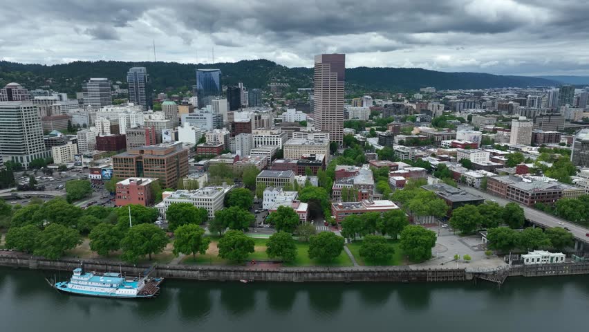 Downtown Portland Oregon Skyline and waterfront river Aerial Drone View