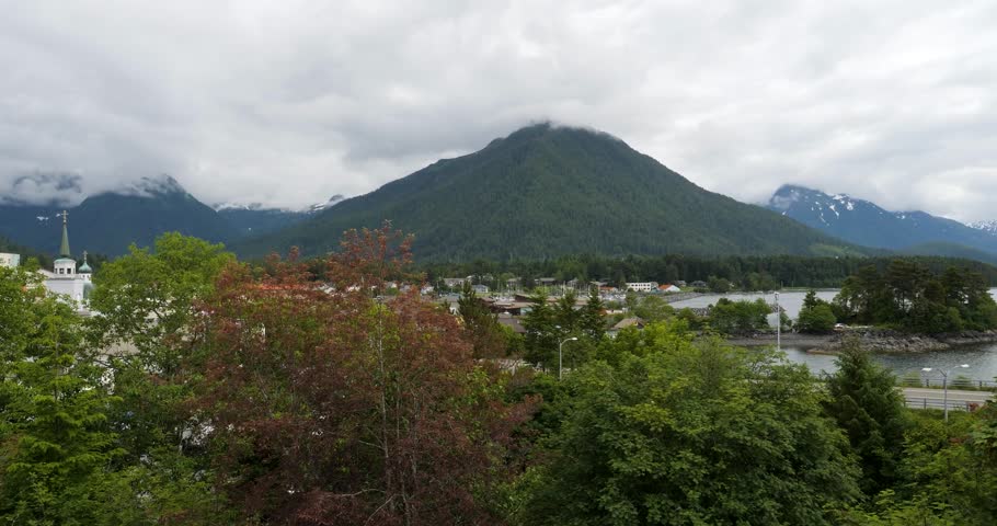 Beautiful landscape viewed from the Baranof Castle State Historic Site.Mounts Verstovia and Picnic Rock covered by dense fog, Sitka, Alaska.
