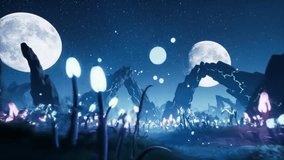 A surreal cinematic sci-fi landscape featuring a glowing alien garden under twin moons. Bioluminescent plants gently sway as floating spores and ethereal mist drift through illuminated rock arches. Th - Powered by Shutterstock - Get 15% off with code: PIKWIZARD15