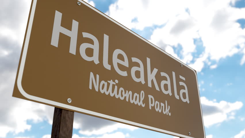 Haleakalā National Park (Hawaii) Road Sign Against Blue Sky and Clouds. One of The US National Parks Series.