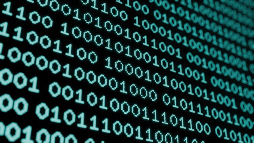 Digital binary display screen move code 0 and 1 slide glowing text number on black background concept programming database information network math.