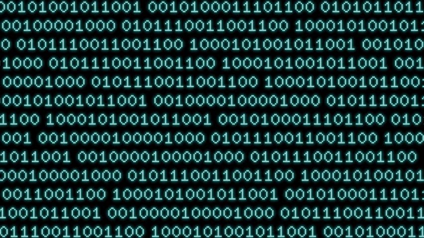 Digital binary display screen move code 0 and 1 slide glowing text number on black background concept programming database information network math.