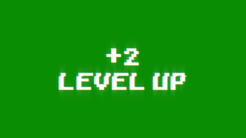 +2 level up animation of looped text with glitch effect on green black background. 8 bit video game screen saver. 2+ level up. plus two level up