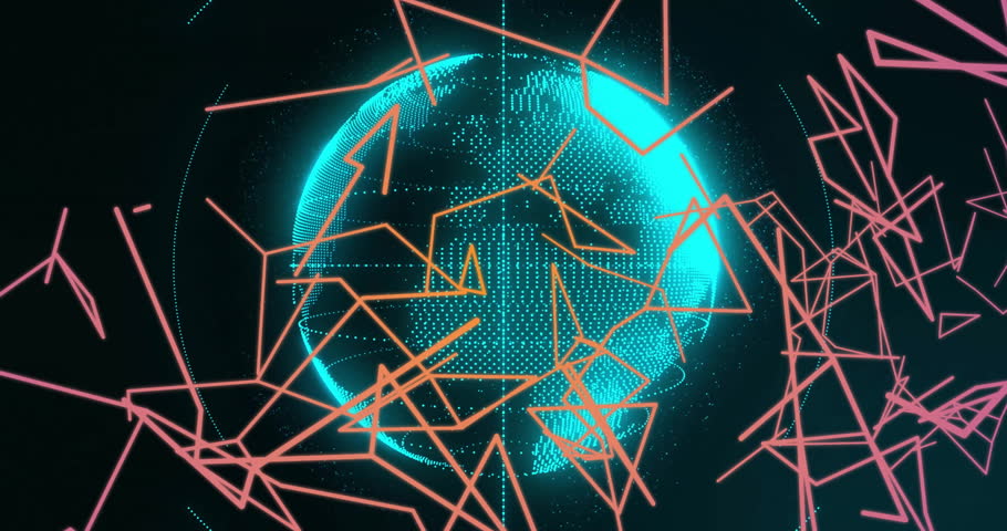 On start turquoise dotted sphere floating, pink lines extending nodes pulsing and network expanding. Technology, data, innovation, digital, connectivity, futuristic, abstract
