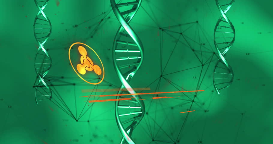 Helix rotating orange biohazard icon fading in triggers text animating RED ALERT demanding action. Digital, warning, science, data, emergency, futuristic, alert