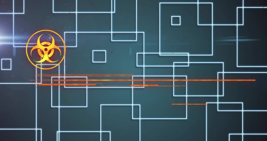 Grid scanning biohazard fading glitching EMERGENCY morphing subtitle into IMMEDIATE ACTION REQUIRED. Futuristic, cybersecurity, warning, alert, technology, digital, interface