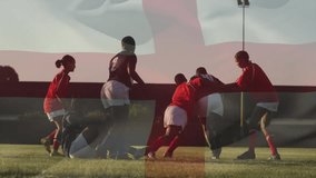 Red jerseys contesting ball for possession after tackle at post with animated arrow in education. Athletes, teamwork, competition, vigor, stadium, athleticism, sport - Powered by Shutterstock - Get 15% off with code: PIKWIZARD15