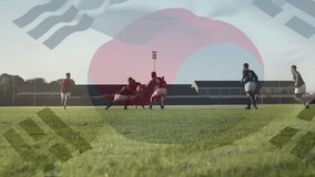 Red rugby ball carrier reacting tackle spill, diving recovering ball then sprinting to score try. Athleticism, competition, endurance, action, teamwork, sportsmanship, vibrant - Powered by Shutterstock - Get 15% off with code: PIKWIZARD15