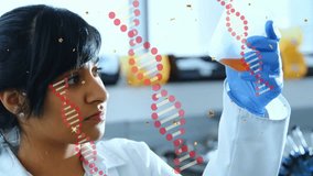 Lab scientist raising beaker to eye level and activating DNA helix animations for genetic research. Scientist, research, innovation, molecular, microscopy, visualization, biotech - Powered by Shutterstock - Get 15% off with code: PIKWIZARD15