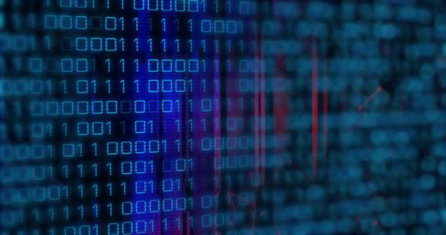Binary digit columns pulsing and shifting upward starting red bars flashing to visualize processing. Technology, data, digital, futurism, interface, cyber, algorithm